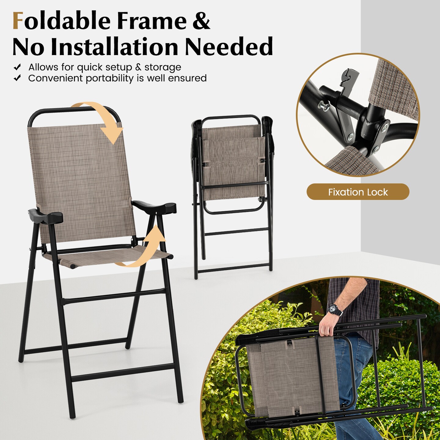 Patio Folding Bar Stool Set Of 2 With Metal Frame And Footrest