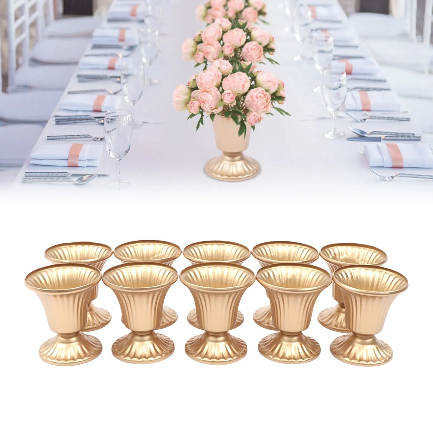 Set of 10 Gold Metal Retro Trumpet Vases