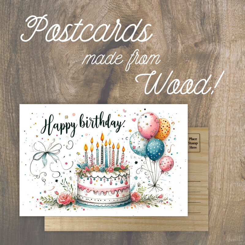 Happy Birthday Cake Wooden Postcard