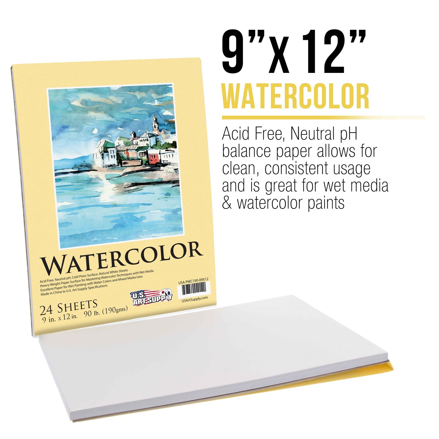 U.S. Art Supply 9&#x22; x 12&#x22; Heavyweight Watercolor Painting Paper Pad, Pack of 2, 24 Sheets Each, 90lb 190gsm - Cold Pressed, Acid-Free, Wet, Mixed Media