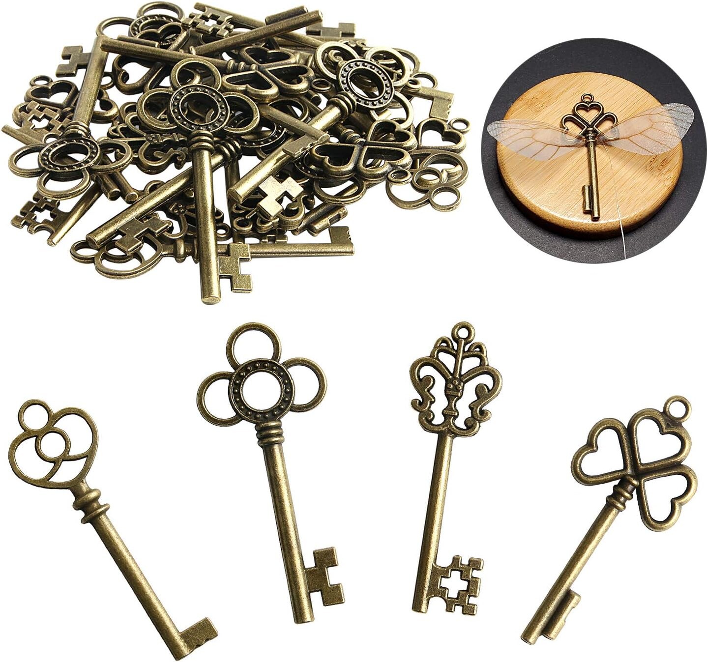 30 PCS Vintage Skeleton Keys Flying Keys Charms with 30 Pairs Dragonfly Wings and 30 Yards Elastic Crystal String for DIY Jewelry Making Wedding Party Favors Room Decor