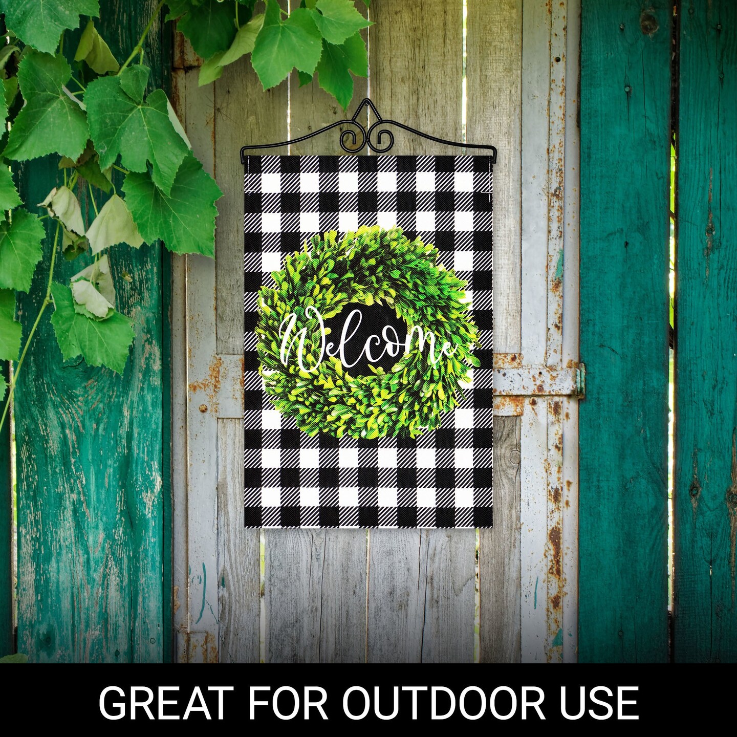 G128 Combo Pack Garden Flag Hanger 14IN & Garden Flag Welcome Wreath 12x18IN Printed Double Sided Burlap Fabric