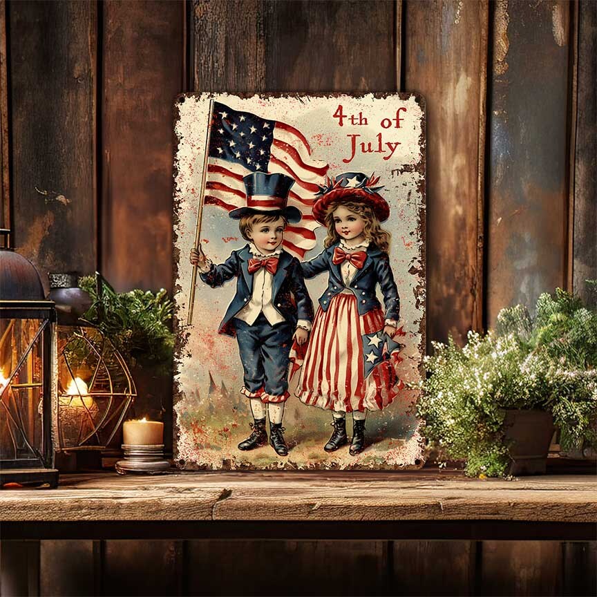 July 4th Decor - Vintage Card Art Sign - Independence Day Mantle