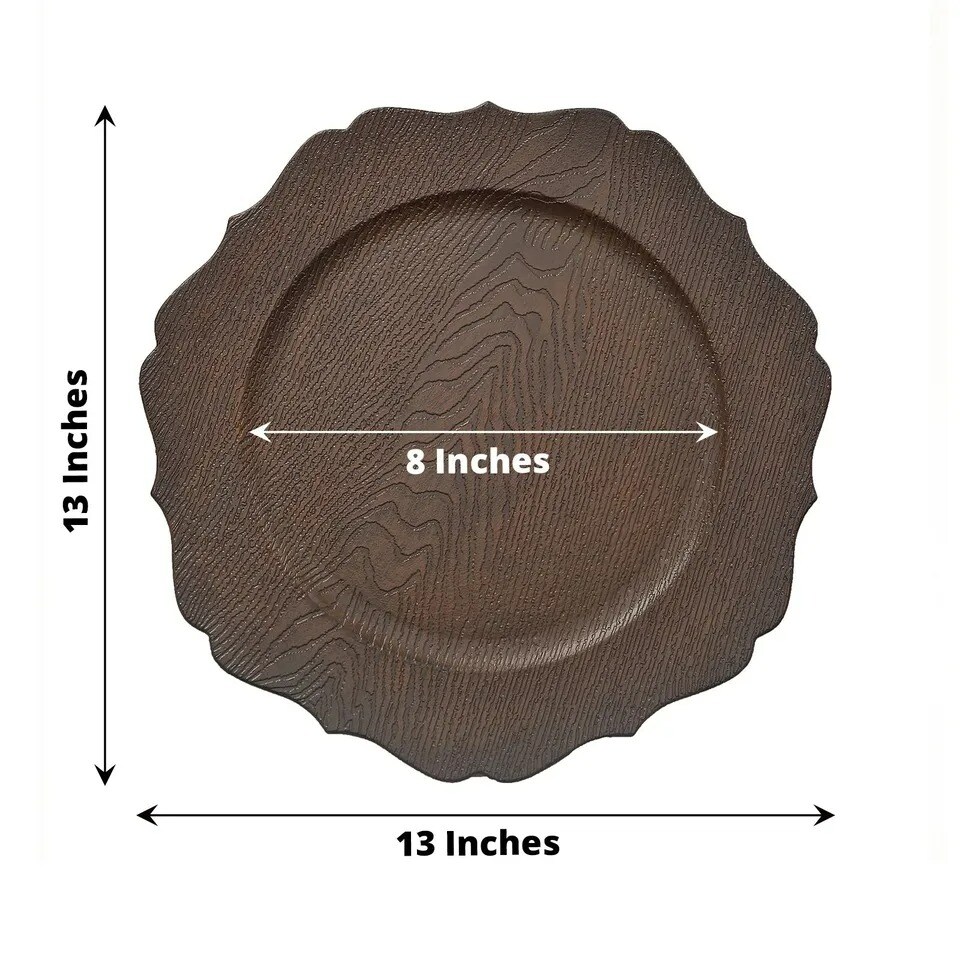 BROWN 6 Round 13&#x22; Rustic Wooden Acrylic CHARGER PLATES Scallop Rim