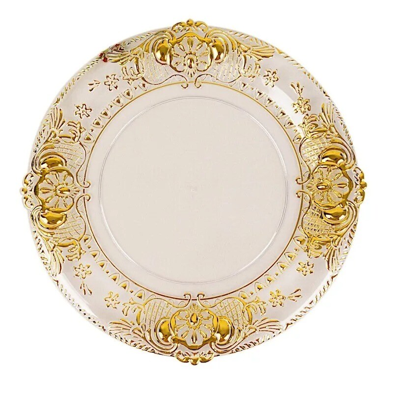 CLEAR 6 Round 13&#x22; Plastic CHARGER PLATES GOLD Embossed Rim