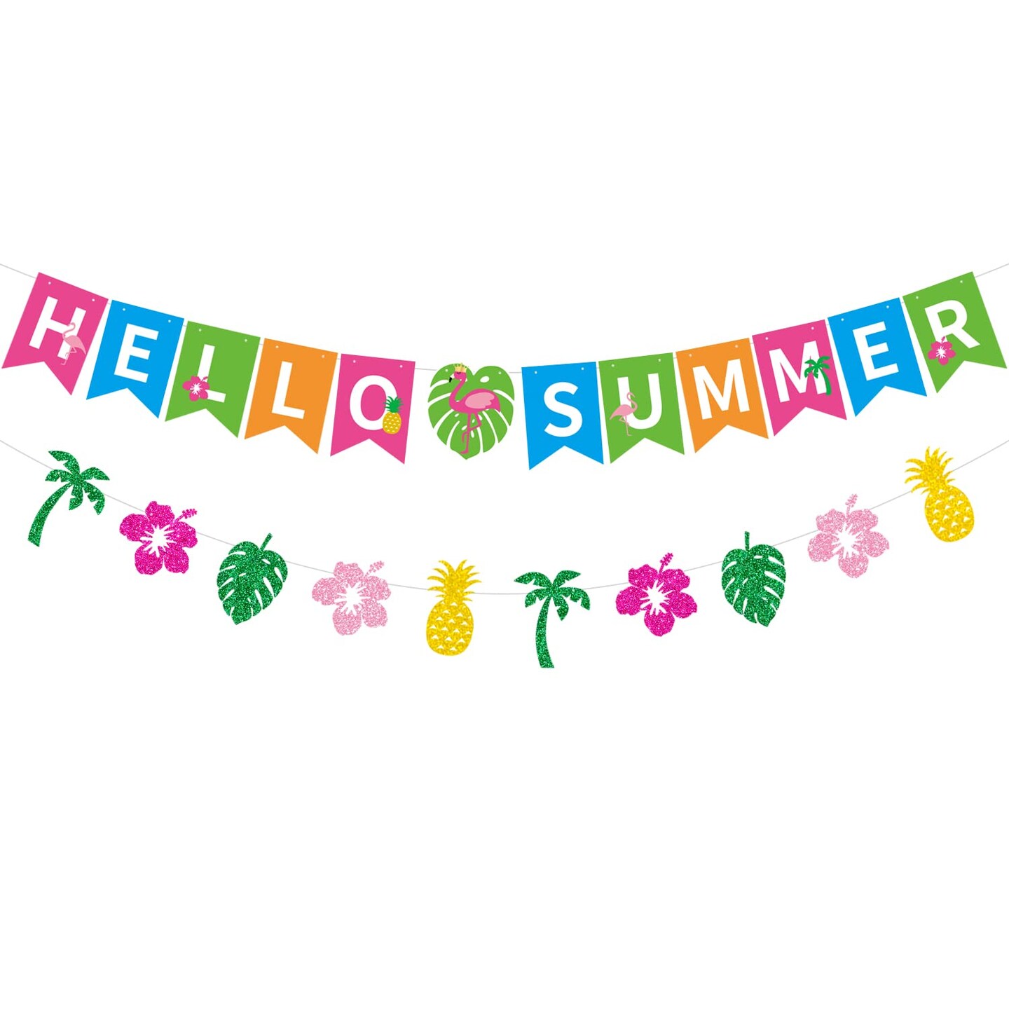 Hello Summer Banner and Glittery Hawaiian Luau Tropical Themed Banner Colorful Summer Bunting Banner Garland Summer Holiday Birthday Party Decorations for Indoor Outdoor Wall Mantle Fireplace