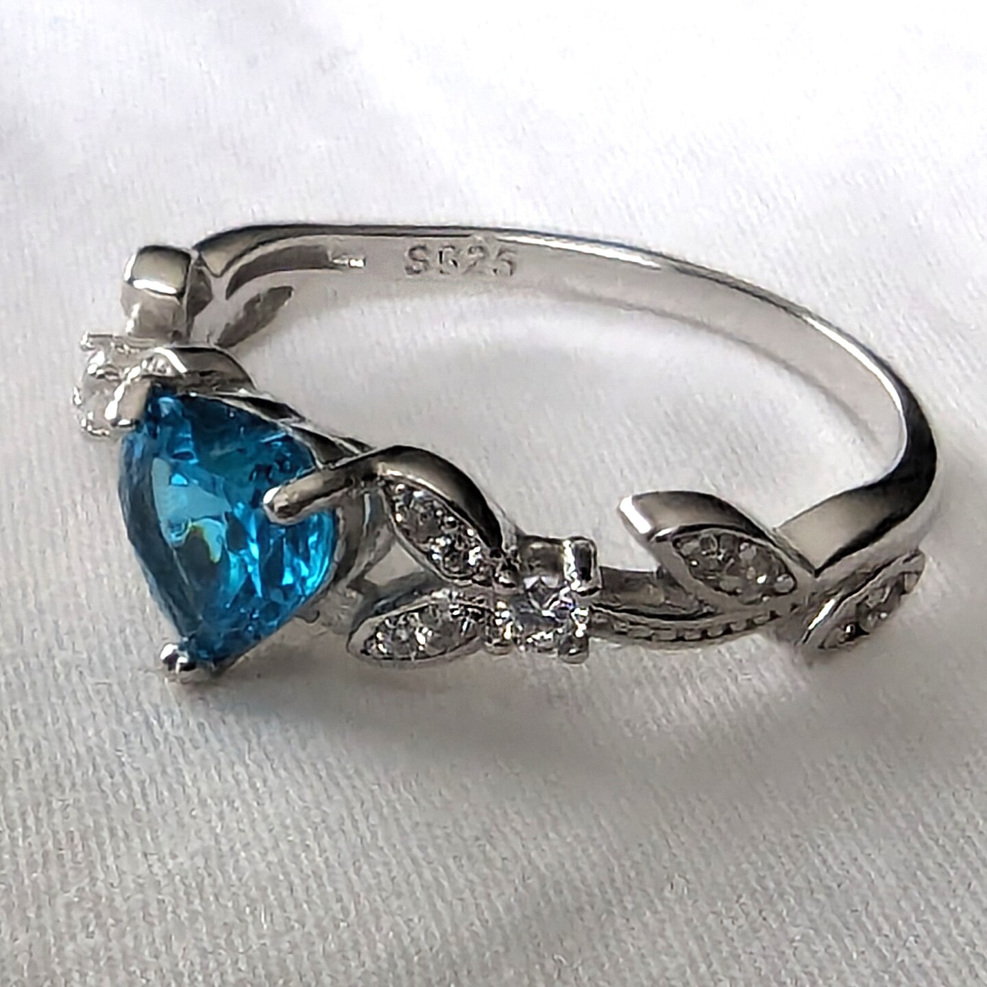 White Gold Blue Topaz Cubic Zirconia Heart Shaped Promise Ring, Engagement Ring, CZ Wedding Ring, December Birthstone