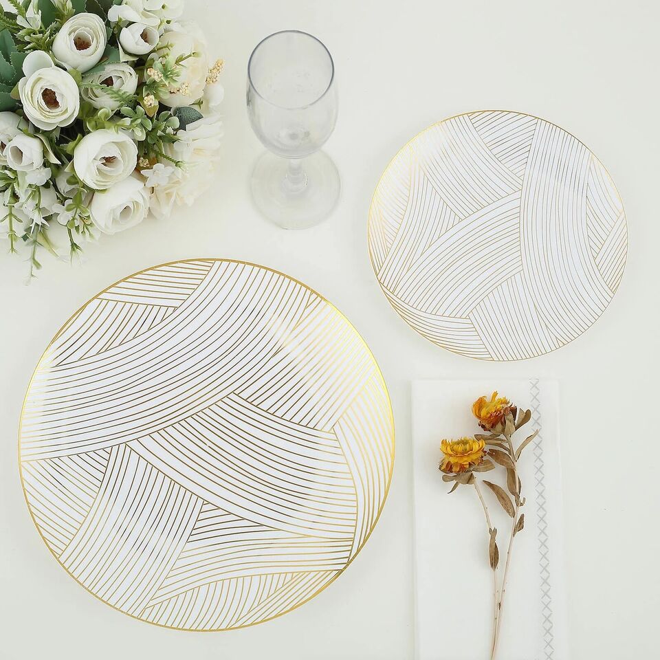 10 Round 7 in White Gold Strokes Disposable Salad Dinner Plastic PLATES