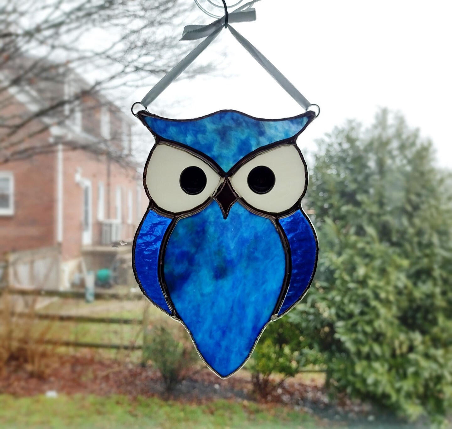 Stained Glass Owl Suncatcher, Blue Glass Bird