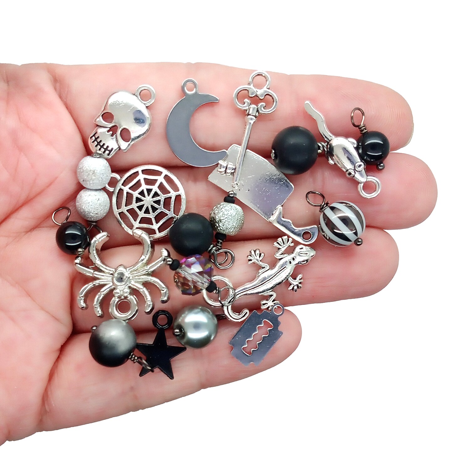 Black & Silver Charm Assortment, 20 pieces, Goth or Creepy Charm Mix, Adorabilities
