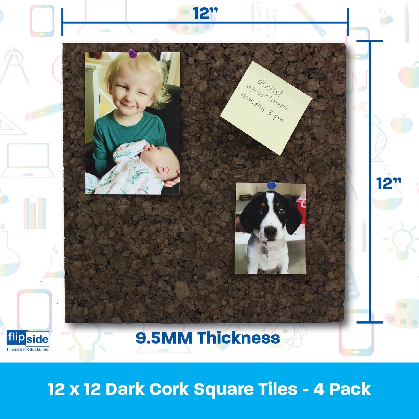 Dark Cork Tiles, 12&#x22; x 12&#x22;, 4 Per Pack, 2 Packs