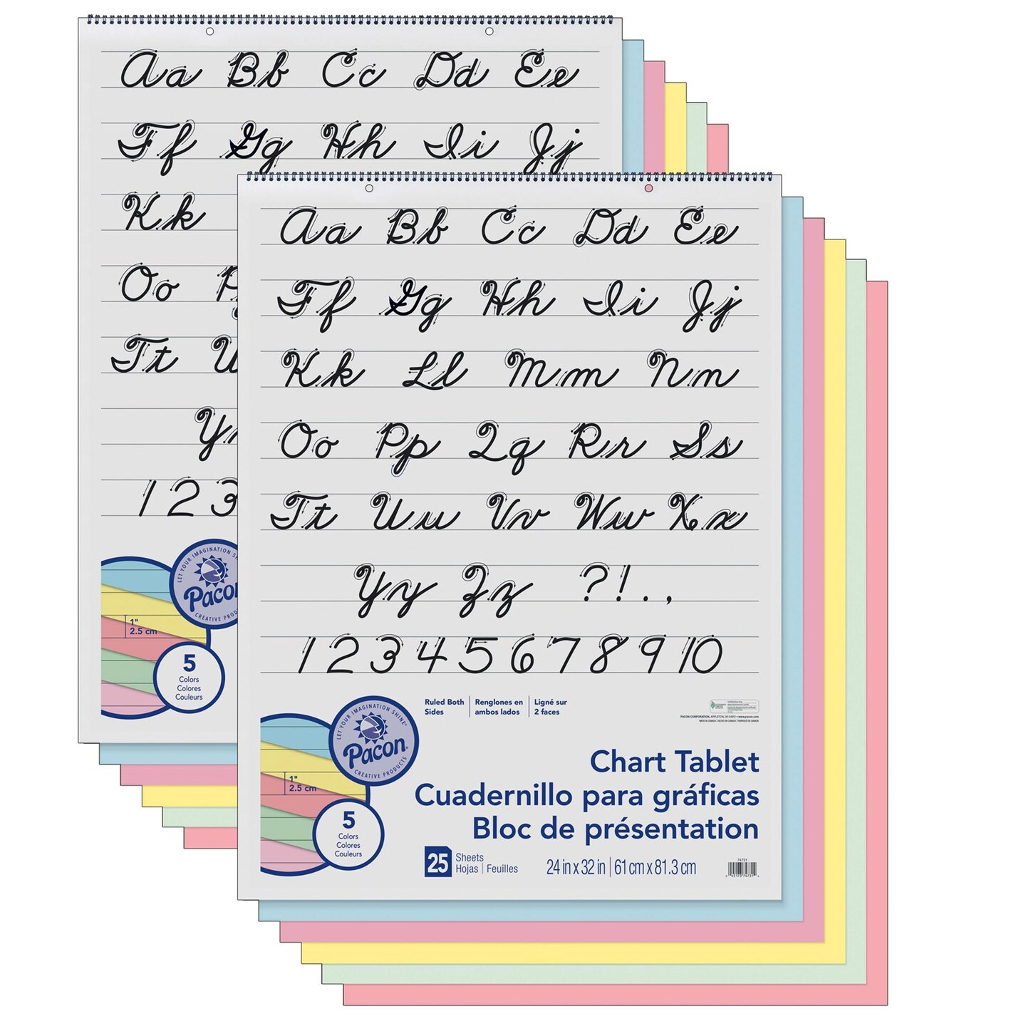 Colored Paper Chart Tablet, Cursive Cover, 5 Assorted Colors, 1&#x22; Ruled, 24&#x22; x 32&#x22;, 25 Sheets, Pack of 2