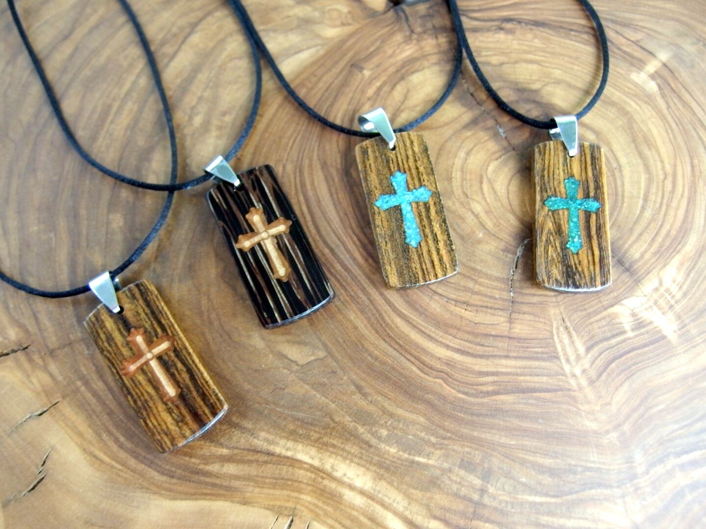 Carved Cross Necklace. Artisan Crafted Resin Inlaid Wooden Pendant