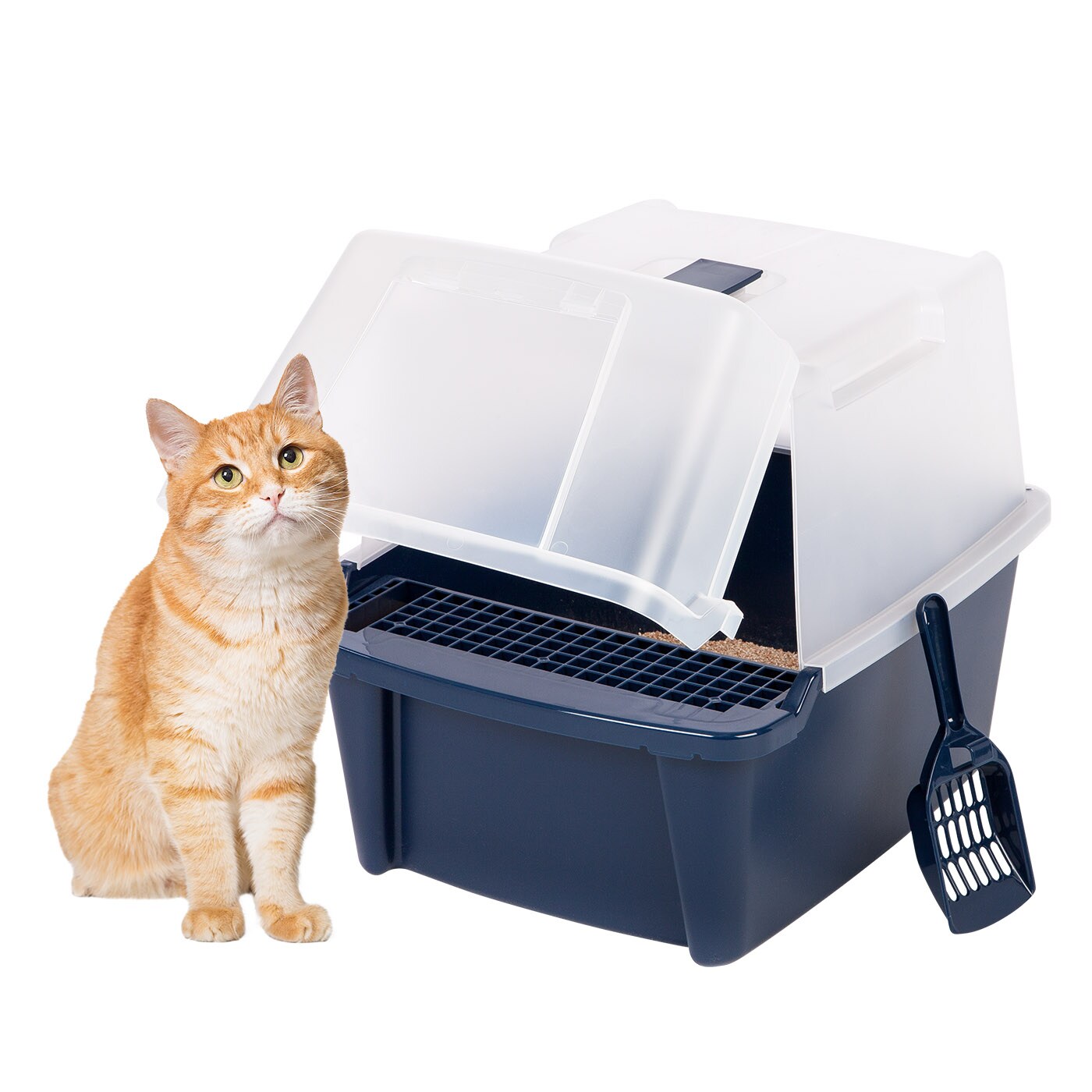 IRIS USA Large Enclosed Hooded Litter Box with Front Door and Scoop, Navy