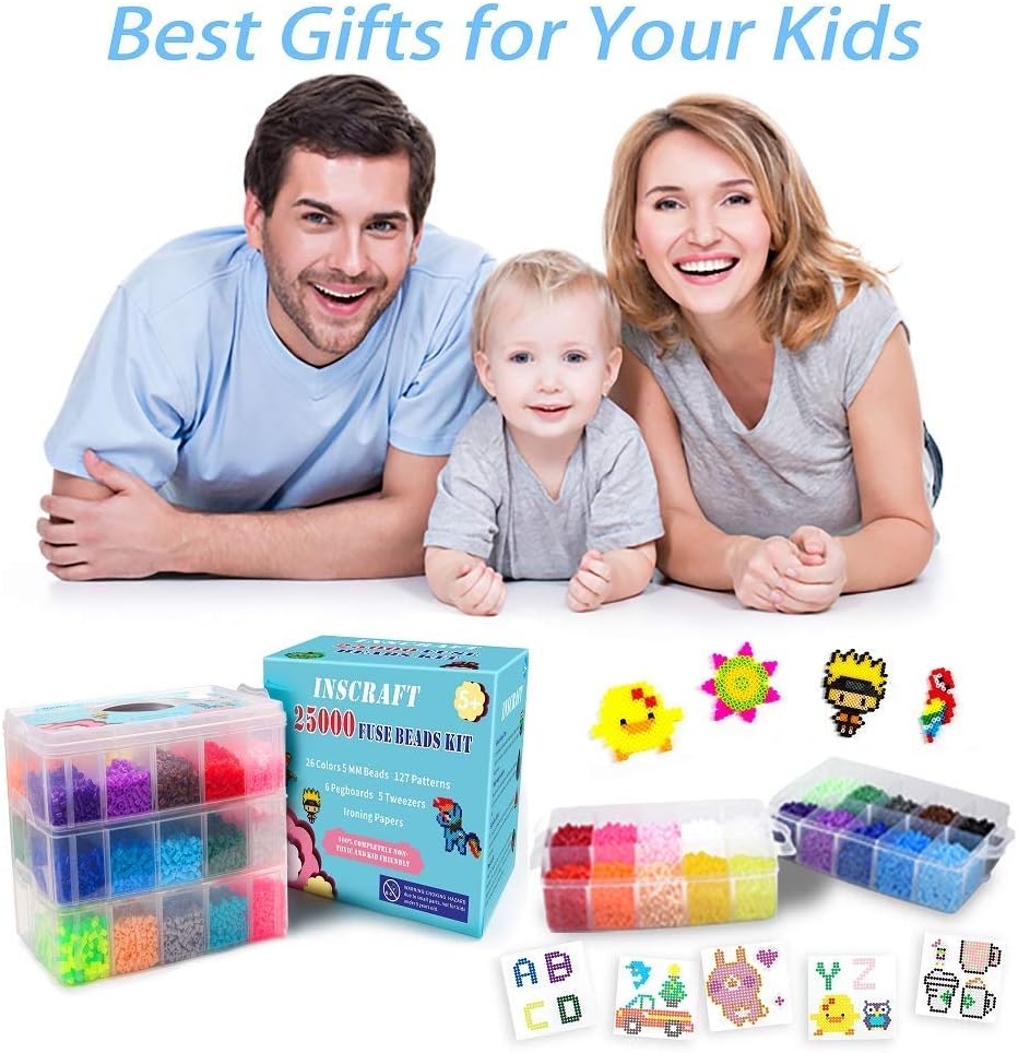 25,000 pcs Fuse Beads Kit 26 Colors 5MM, Including 127 Patterns, 4 Big Square, 1 Heart Pegboards, 1 Flower Ironing Paper, Tweezers, Beads