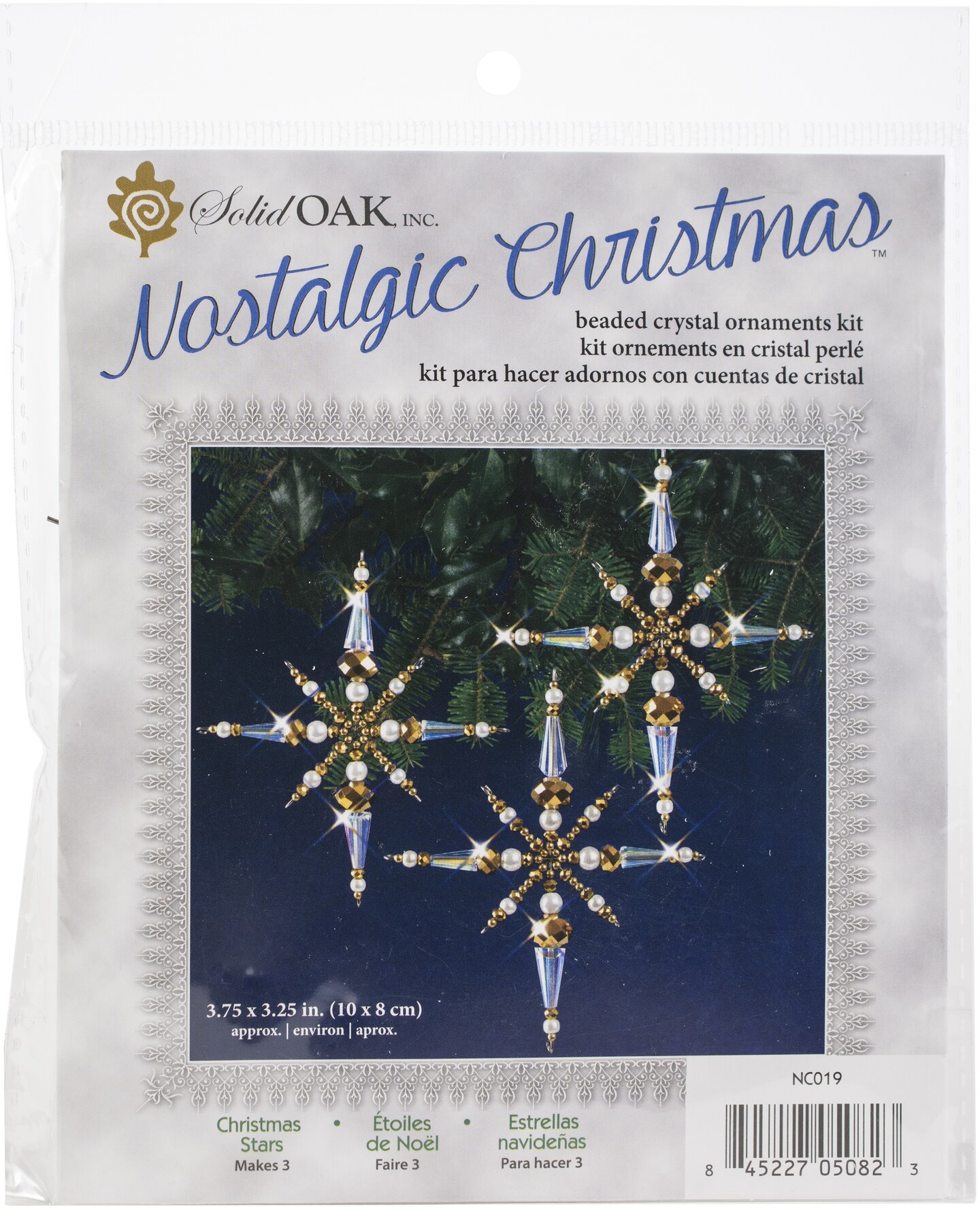 Solid Oak Nostalgic Christmas Beaded Crystal Ornament Kit-Crystal &#x26; Gold Christmas Stars Makes 3
