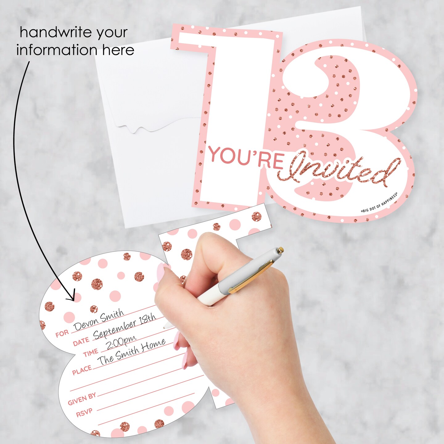 Big Dot of Happiness 13th Pink Rose Gold Birthday - Shaped Fill-In Invitations - Happy Birthday Party Invitation Cards with Envelopes - Set of 12