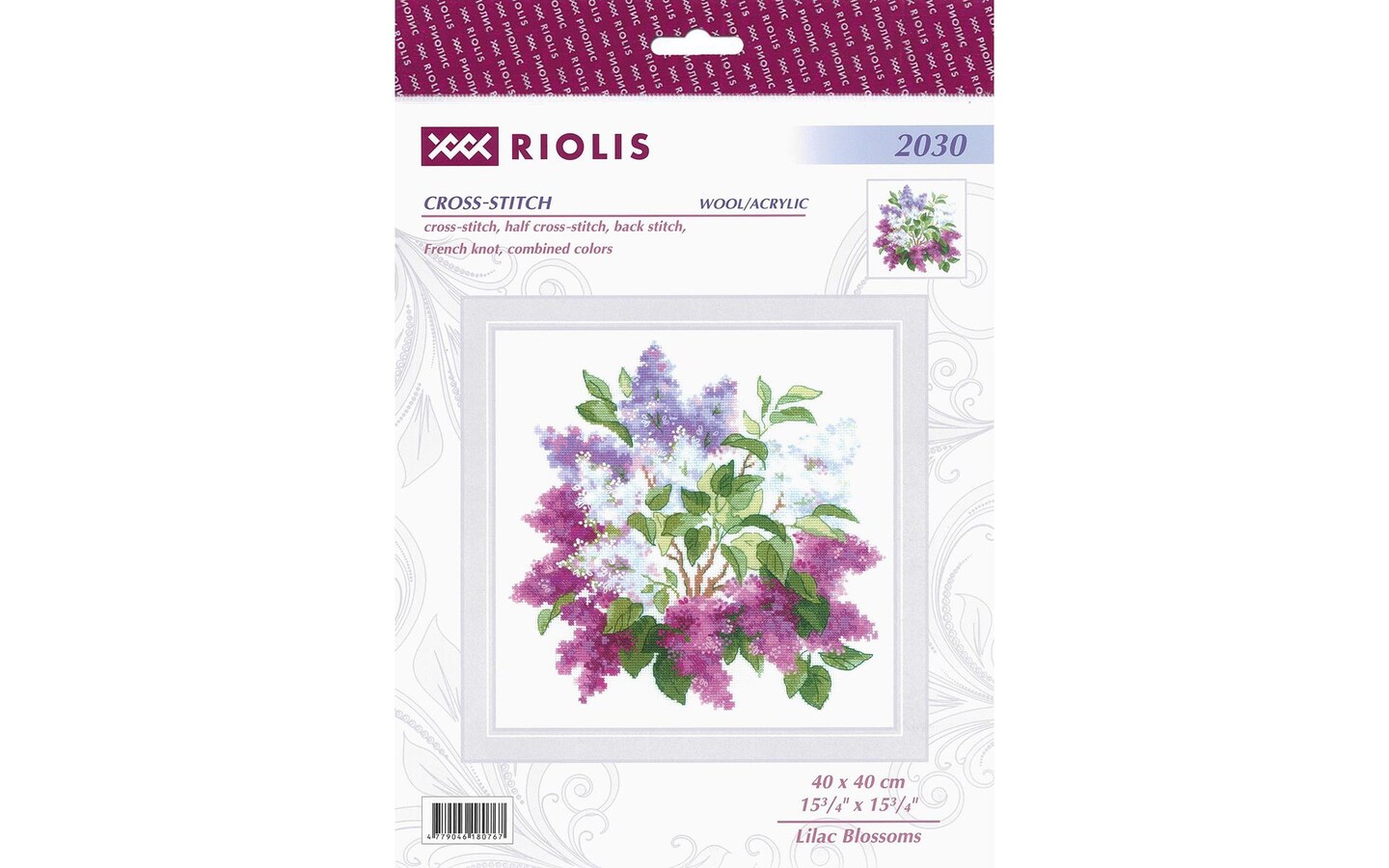 Riolis Cross Stitch Kit Lilac Blossoms, 15 3/4&#x22; x 15 3/4&#x22; (40 x 40 cm), stranded cotton, cross-stitch, half cross-stitch, back stitch and combined colors, included all supplies