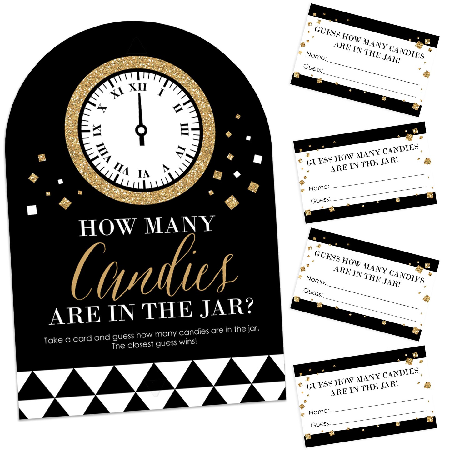 Big Dot of Happiness New Year’s Eve - Gold - How Many Candies New Years Eve Party Game - 1 Stand and 40 Cards - Candy Guessing Game