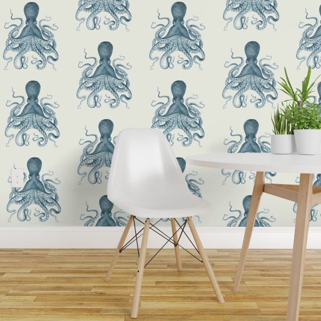 Pre-Pasted Wallpaper 2FT Wide Octopus Sea Illustration Vintage Squid ...