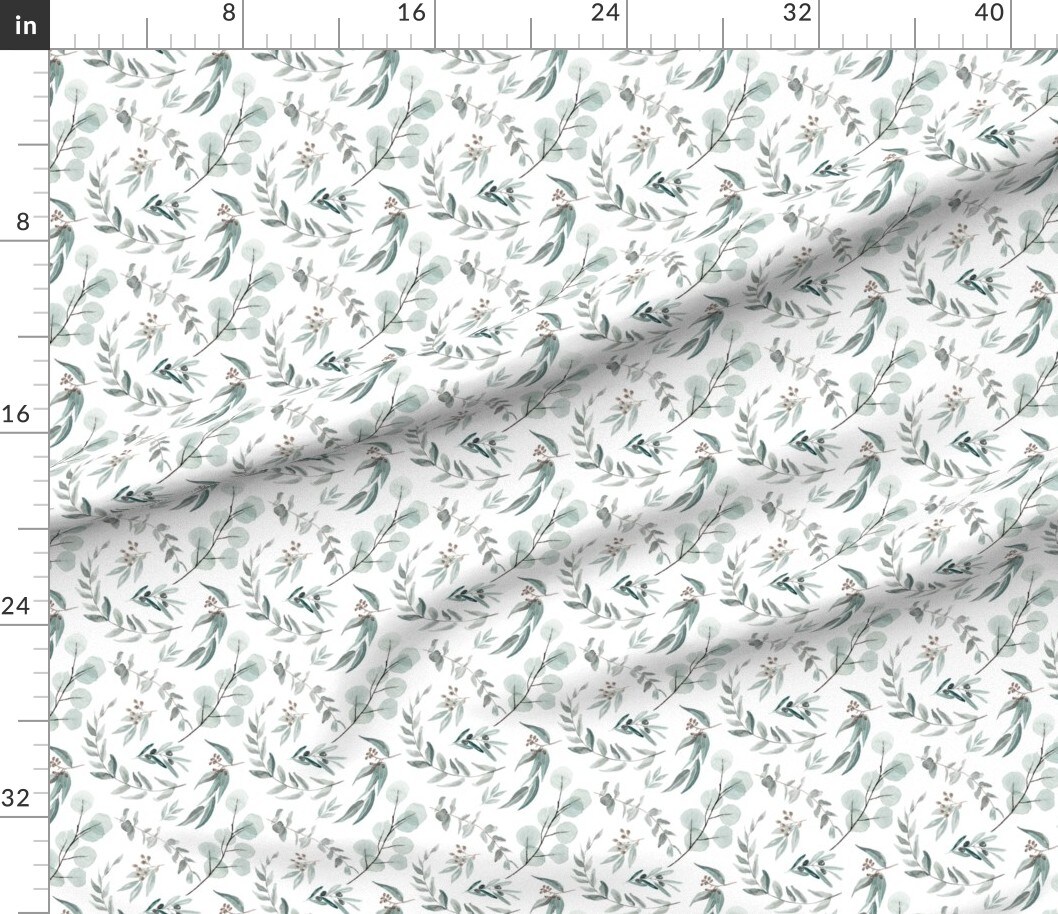 Australian Eucalyptus Leaves Botanical Flora Rustic Farmhouse White Green Watercolor Greenery Custom Printed Fabric by Spoonflower Various Fabrics by the Yard or Fat Quarter