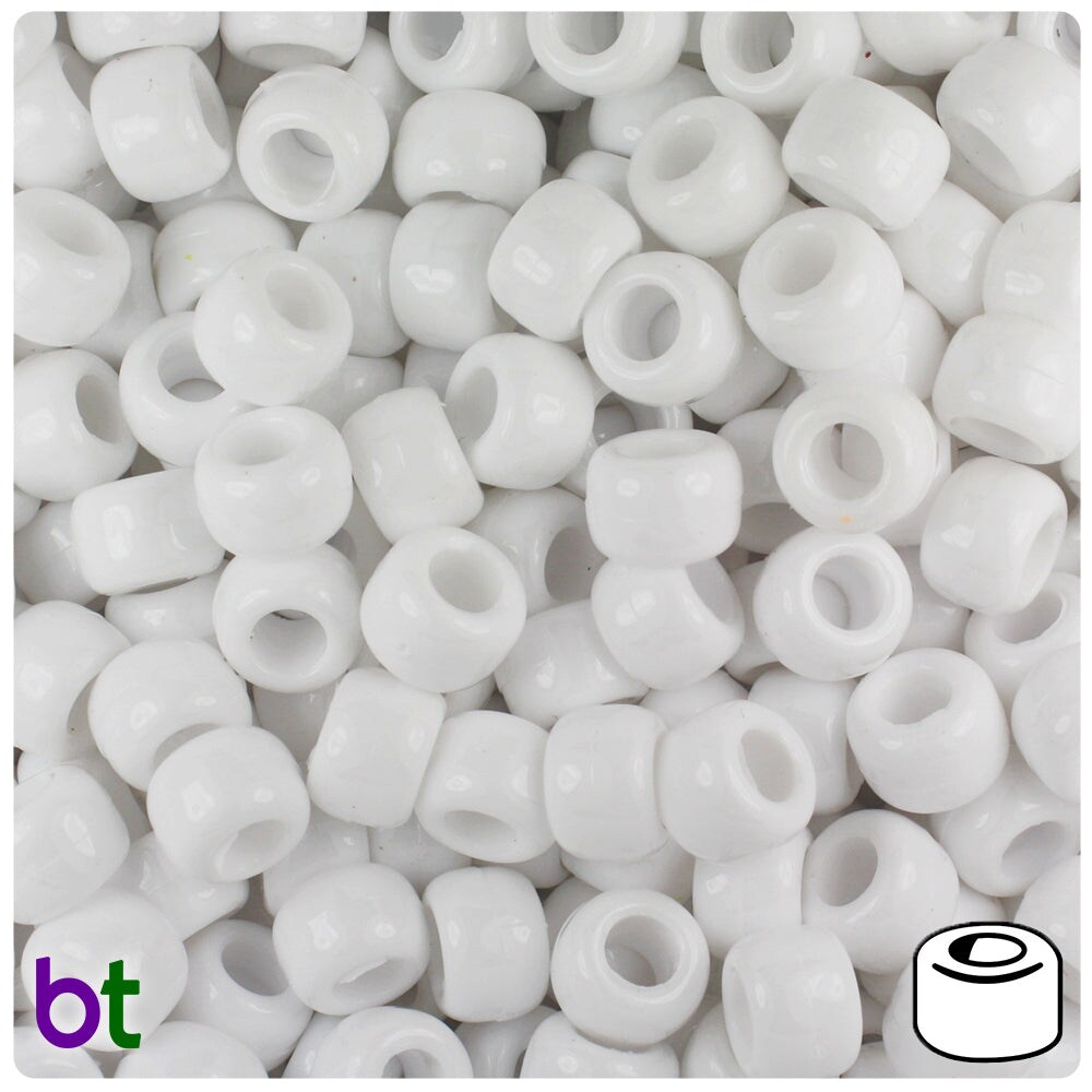 BeadTin White Opaque 9mm Barrel Plastic Pony Beads (500pcs)