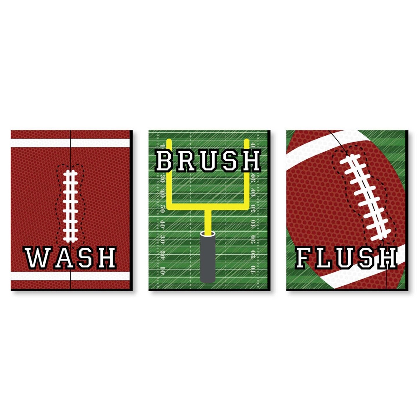 Big Dot of Happiness End Zone - Football - Kids Bathroom Rules Wall Art - 7.5 x 10 inches - Set of 3 Signs - Wash, Brush, Flush