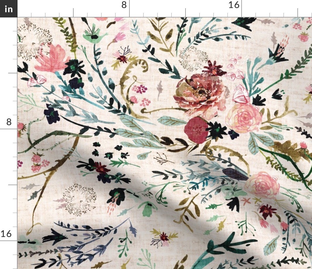 Romantic Floral Woven Look Watercolor Blooms Feminine Flowers Botanical Custom Printed Fabric by Spoonflower Various Fabrics by the Yard or Fat Quarter