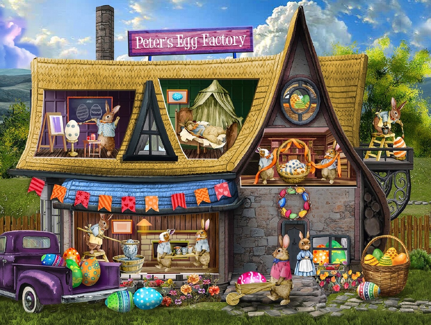 Sunsout Peter&#x27;s Egg Factory 300 pc  Easter Jigsaw Puzzle 29830