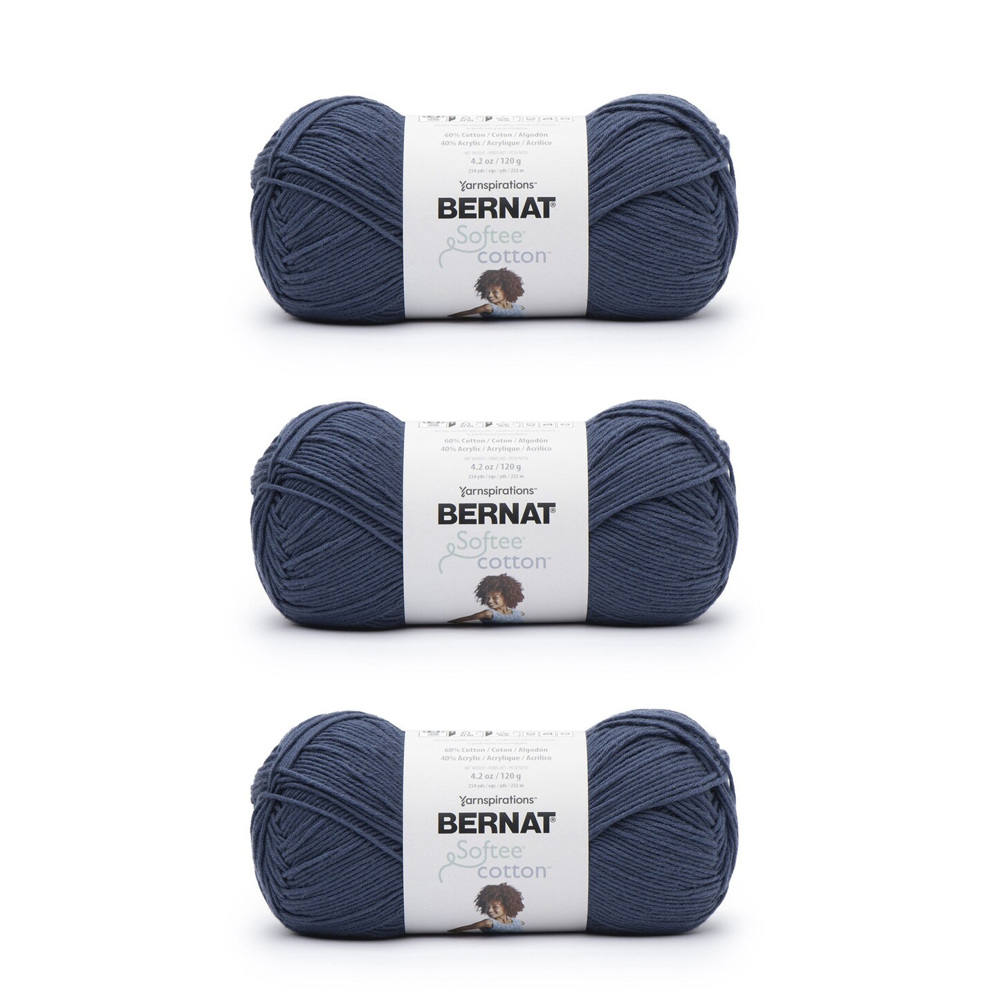 Bernat Softee Cotton Seaside Blue Yarn - 3 Pack of 120g/4.25oz - Nylon - 3 DK (Light) - 254 Yards - Knitting/Crochet
