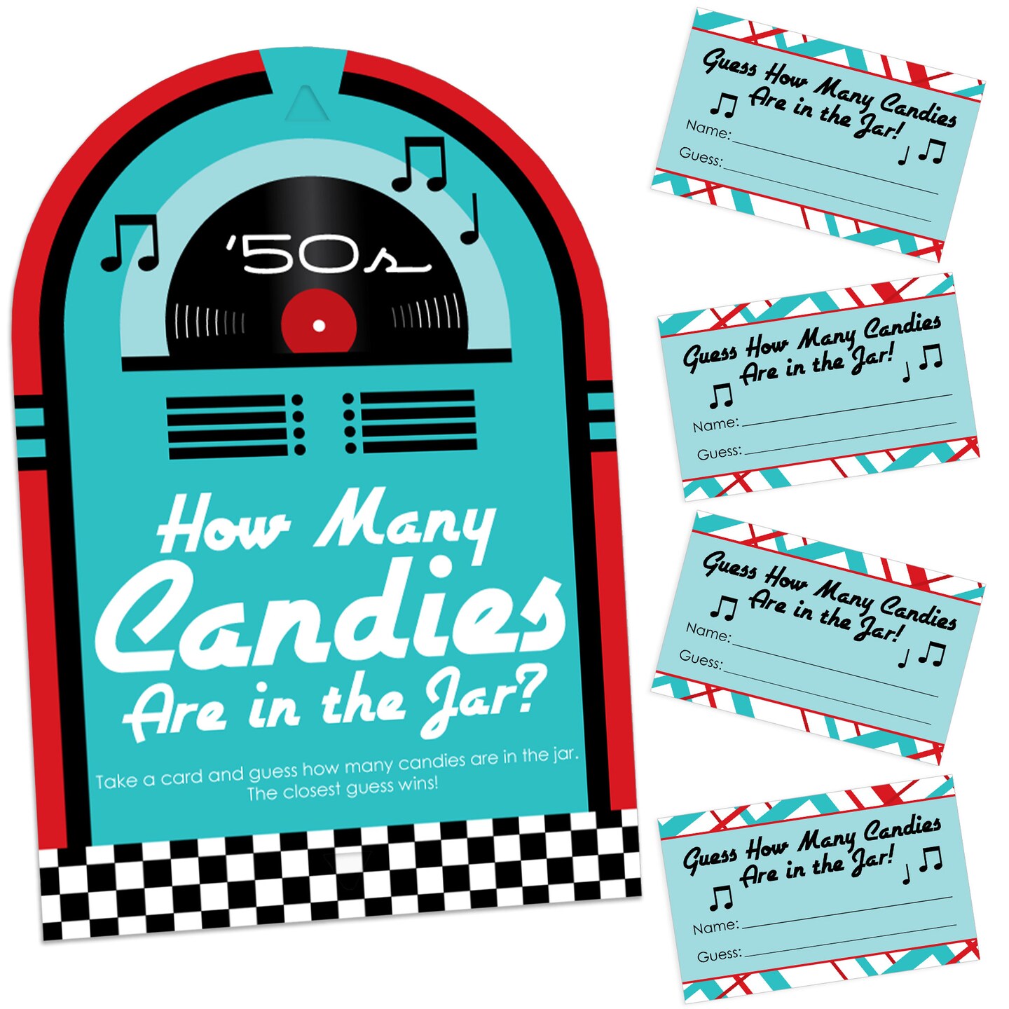 Big Dot of Happiness 50&#x2019;s Sock Hop - How Many Candies 1950s Rock N Roll Party Game - 1 Stand and 40 Cards - Candy Guessing Game