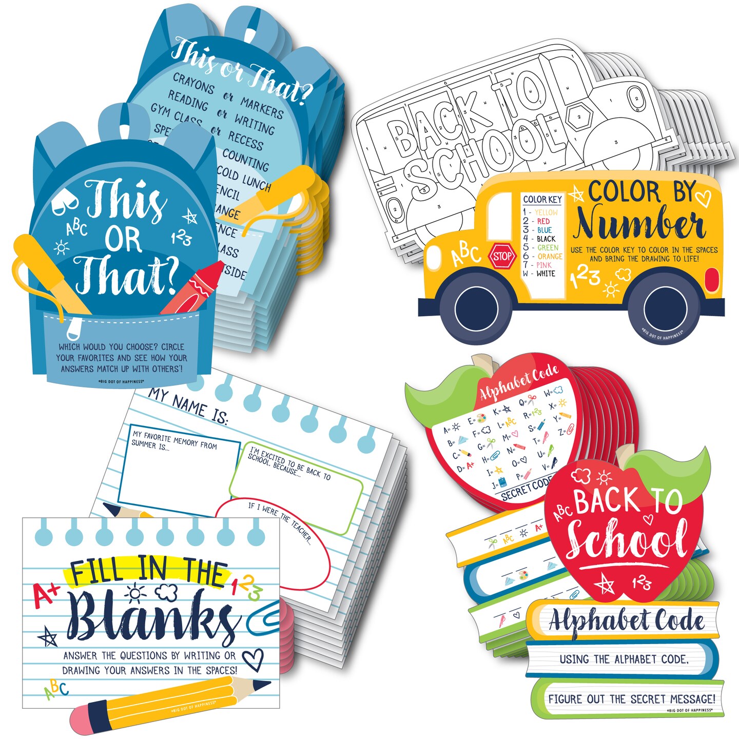 Big Dot of Happiness Back to School - 4 First Day of School Classroom Games - 10 Cards Each - Gamerific Bundle