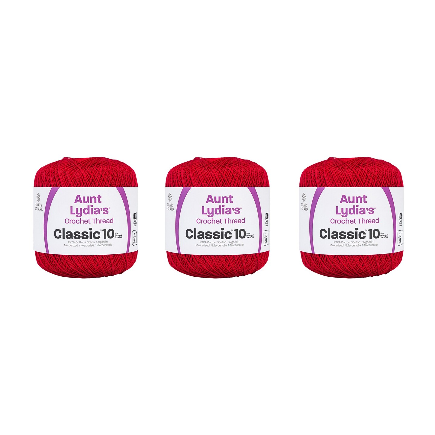 Aunt Lydia Classic Victory Red Crochet - 3 Pack of 350y/320m - Cotton - Gauge 10 - Crochet