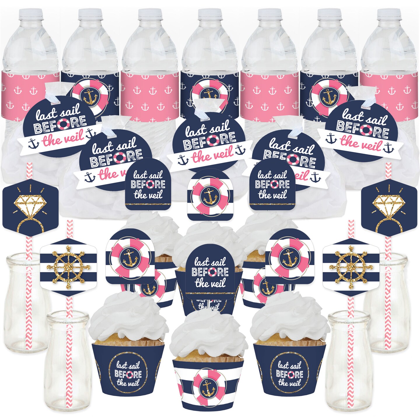 Big Dot of Happiness Last Sail Before The Veil - Nautical Bachelorette and Bridal Shower Favors and Cupcake Kit - Fabulous Favor Party Pack - 100 Pc
