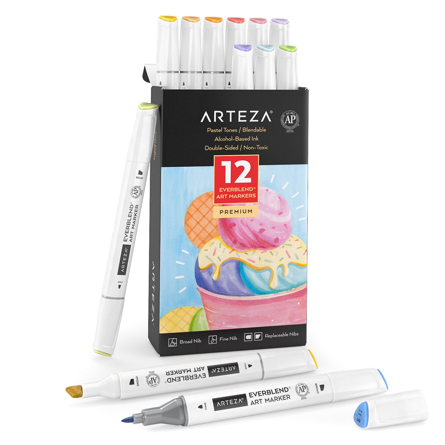 Arteza Professional EverBlend Dual Tip Ultra Artist Brush Sketch Markers,  Pastel Colors, Replaceable Tips - 12 Pack