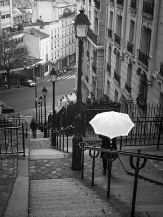 Woman with white umbrella standing on staircase in Montmartre, Paris, France Poster Print by  Assaf Frank - Item # VARPDXAF20120315639C01