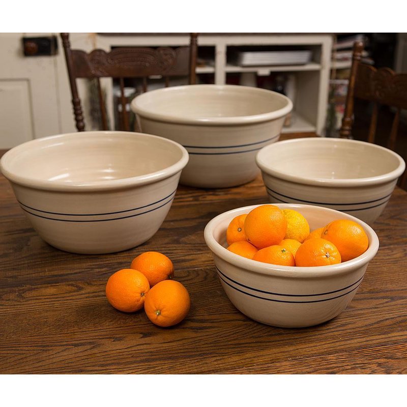 Martinez Pottery Heritage Blue Stripe Stoneware Mixing Bowls USA Made Set of 4