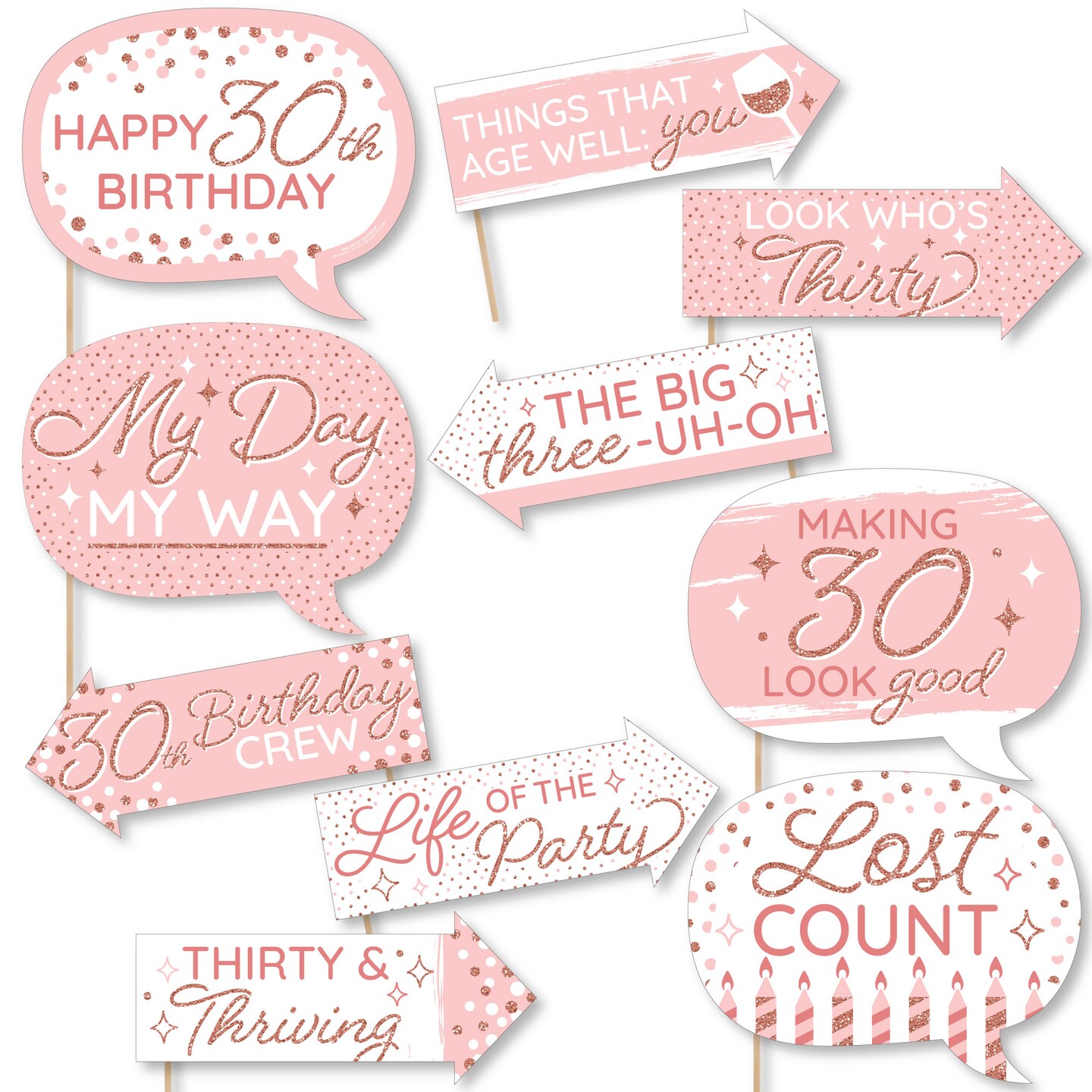 Big Dot of Happiness Funny 30th Pink Rose Gold Birthday - Happy Birthday Party Photo Booth Props Kit - 10 Piece