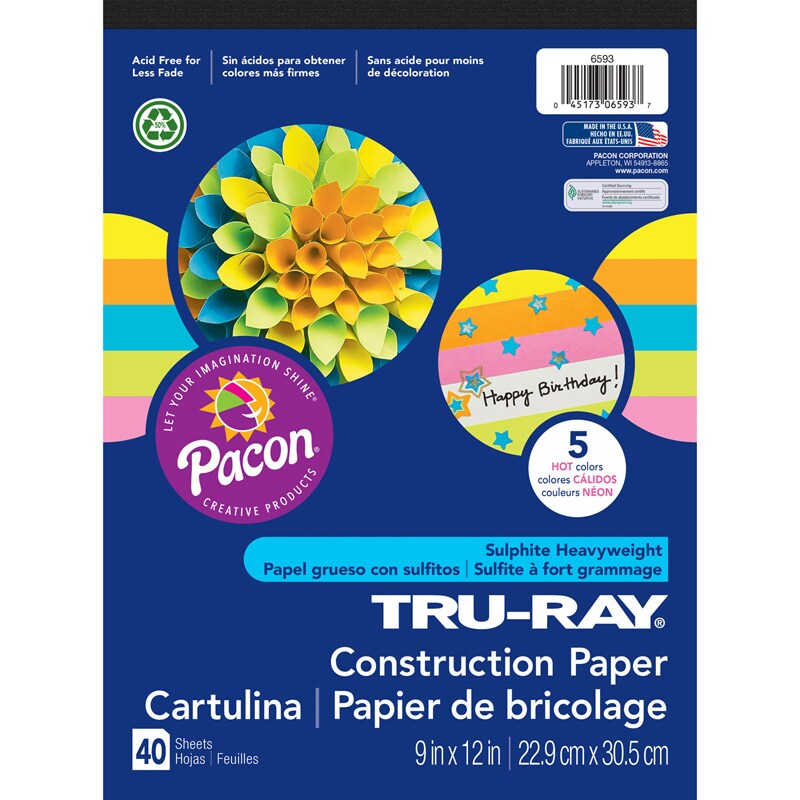 Construction Paper Pad, 5 Assorted Hot Colors, 9" X 12", 40 Sheets