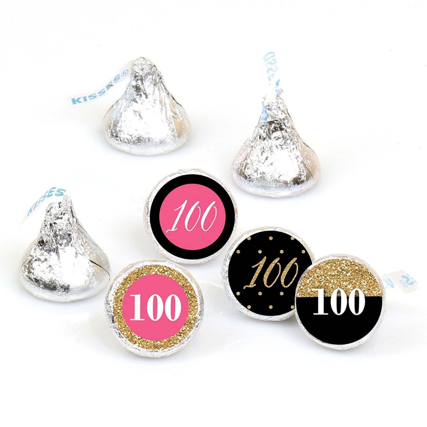 Big Dot of Happiness Chic 100th Birthday - Pink, Black and Gold - Round Candy Sticker Favors - Labels Fits Chocolate Candy (1 sheet of 108)