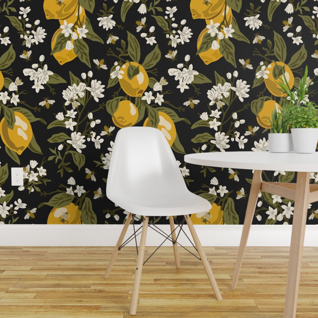 Pre Pasted Wallpaper 2ft Wide Bees Lemons Black Large Modern Citrus