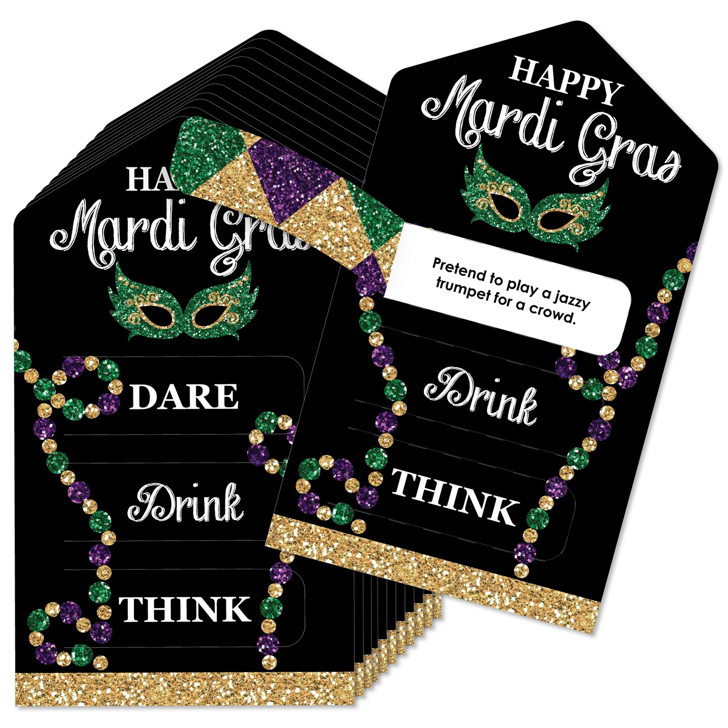 Big Dot of Happiness Mardi Gras - Masquerade Party Game Pickle Cards -  Dare, Drink, Think Pull Tabs - Set of 12