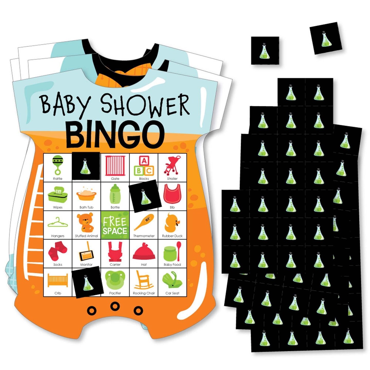 Big Dot of Happiness Scientist Lab - Picture Bingo Cards and Markers - Baby Shower Shaped Bingo Game - Set of 18