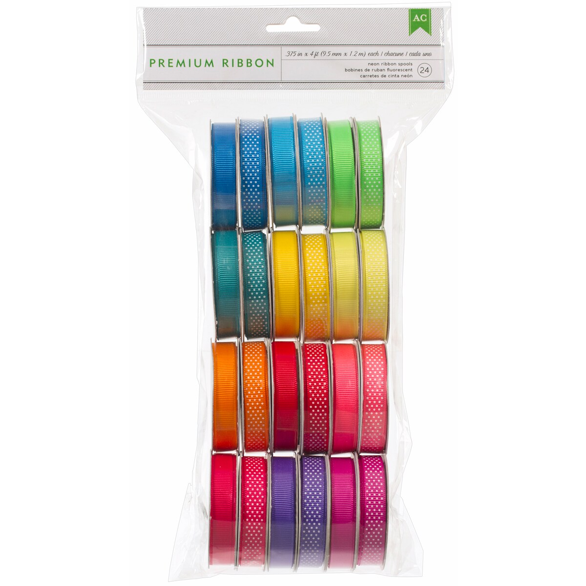 American Crafts Premium Ribbon Value Pack .375&#x22;X4&#x27; 24/Spools-Neon