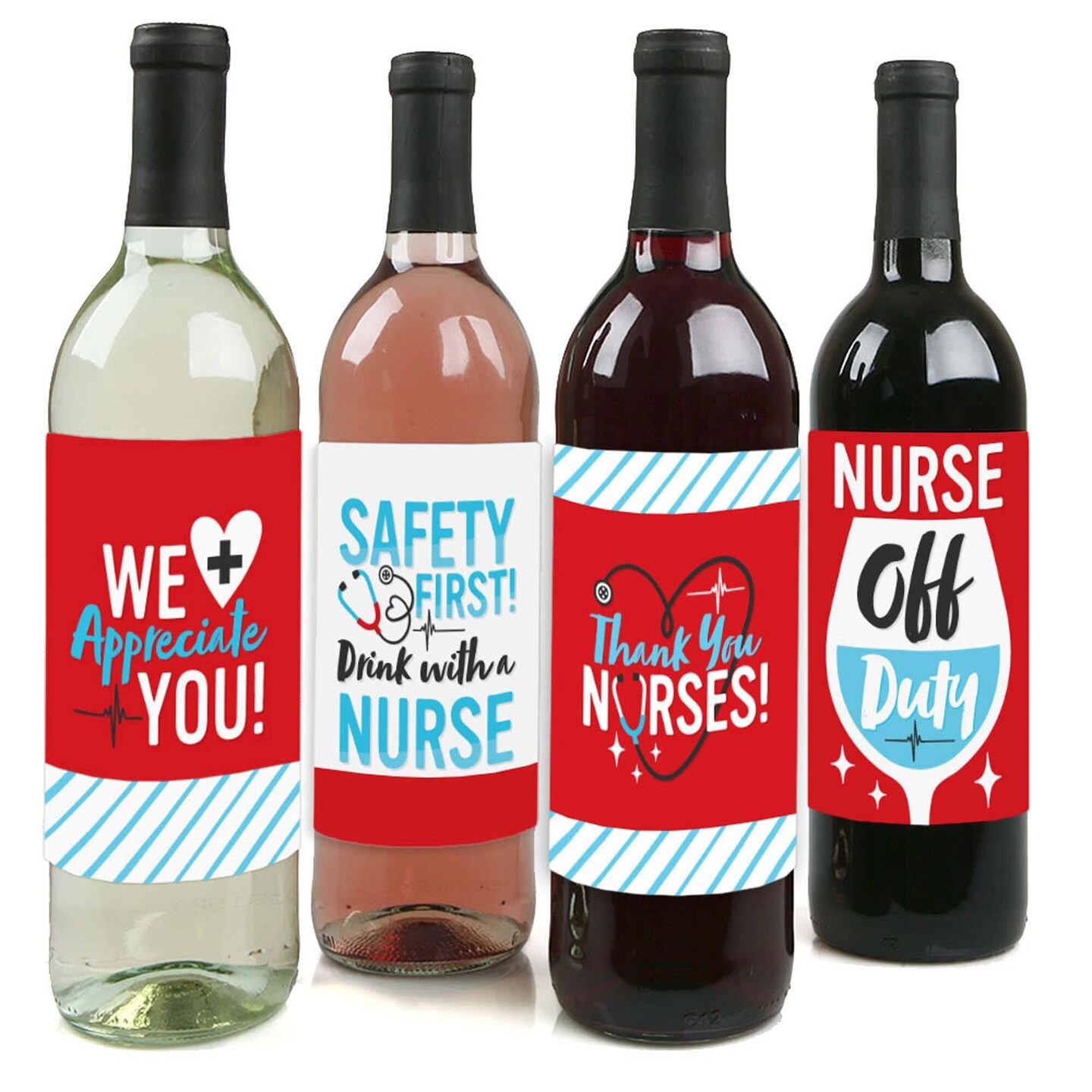 Big Dot of Happiness Thank You Nurses - Nurse Appreciation Week Decorations for Women and Men - Wine Bottle Label Stickers - Set of 4