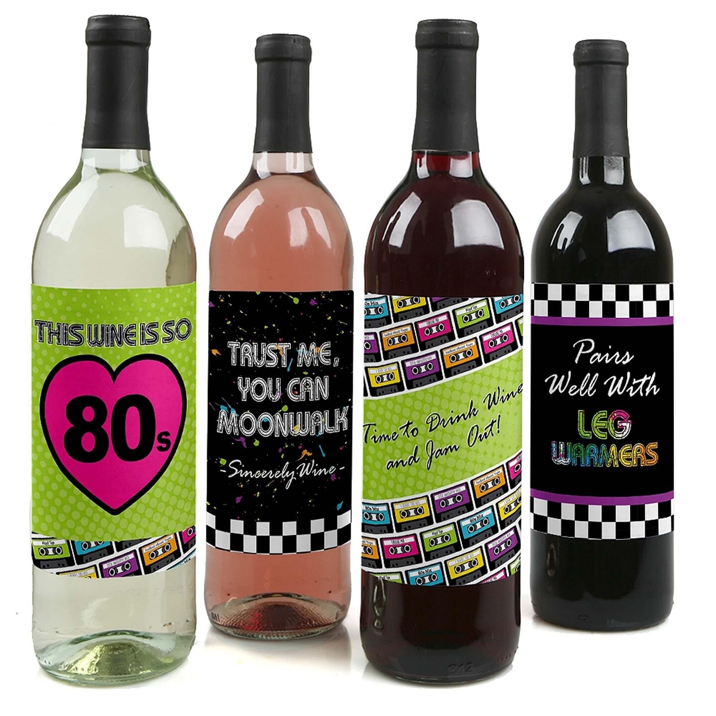 Big Dot of Happiness 80&#x27;s Retro - Totally 1980s Party Decorations for Women and Men - Wine Bottle Label Stickers - Set of 4