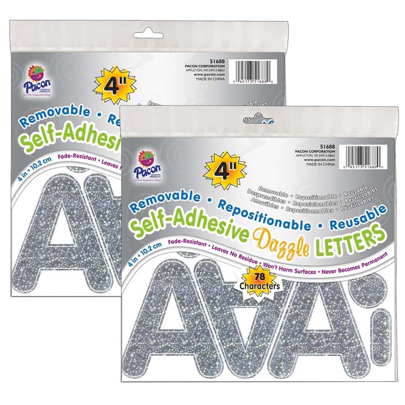 Self-Adhesive Letters, Silver Dazzle, Puffy Font, 4&#x22;, 78 Per Pack, 2 Packs