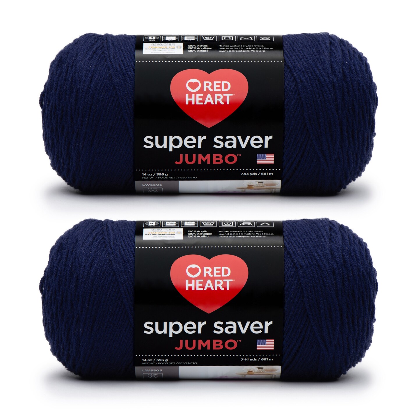 Red Heart Super Saver Jumbo Soft Navy Yarn - 2 Pack of 396g/14oz - Acrylic - 4 Medium (Worsted) - 744 Yards - Knitting/Crochet