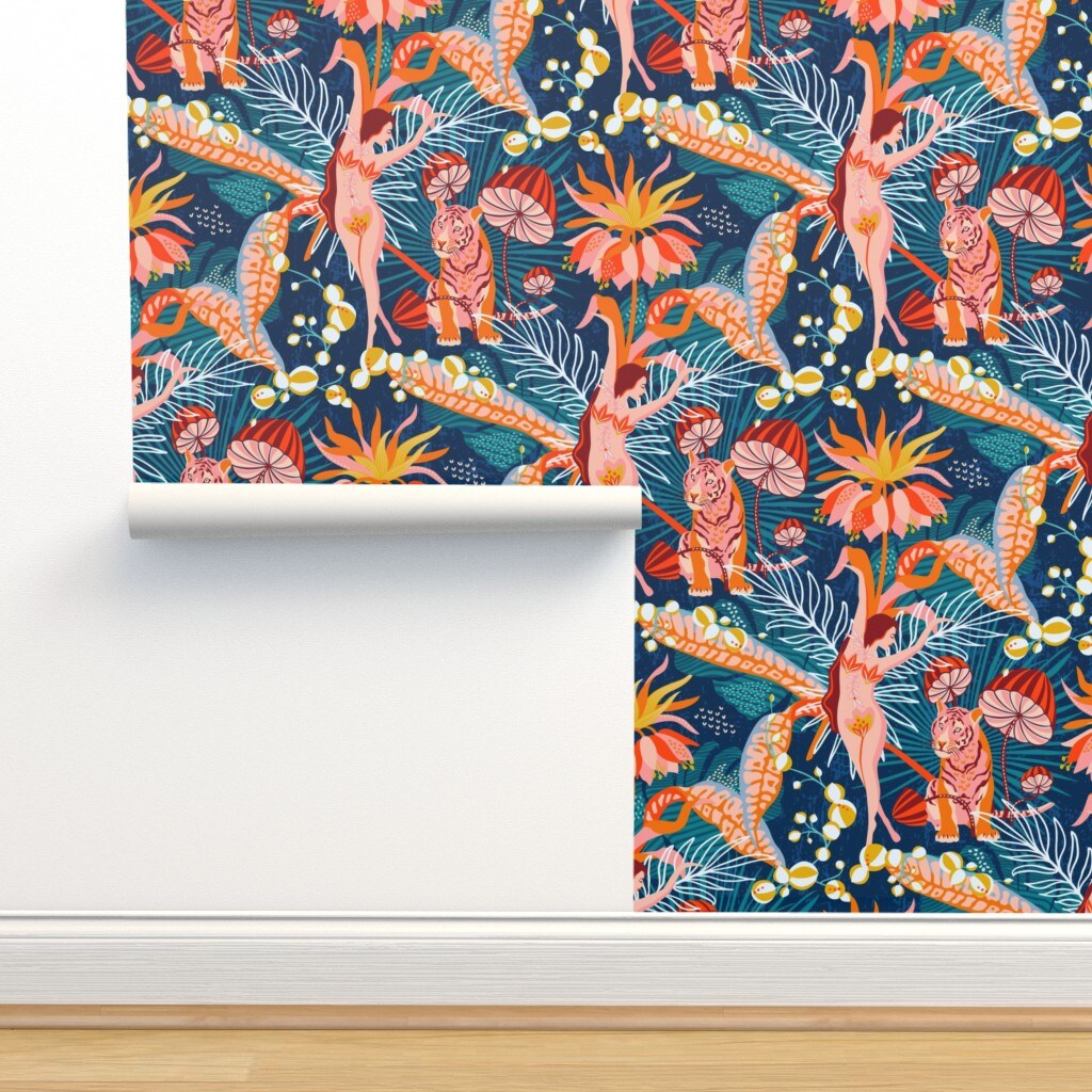 Maximalist Tropical Surrealism Jungle Flowers Woman Dancer Coral Tiger Custom Pre-pasted Wallpaper by Spoonflower Pre-Pasted Wallpaper 2FT Wide