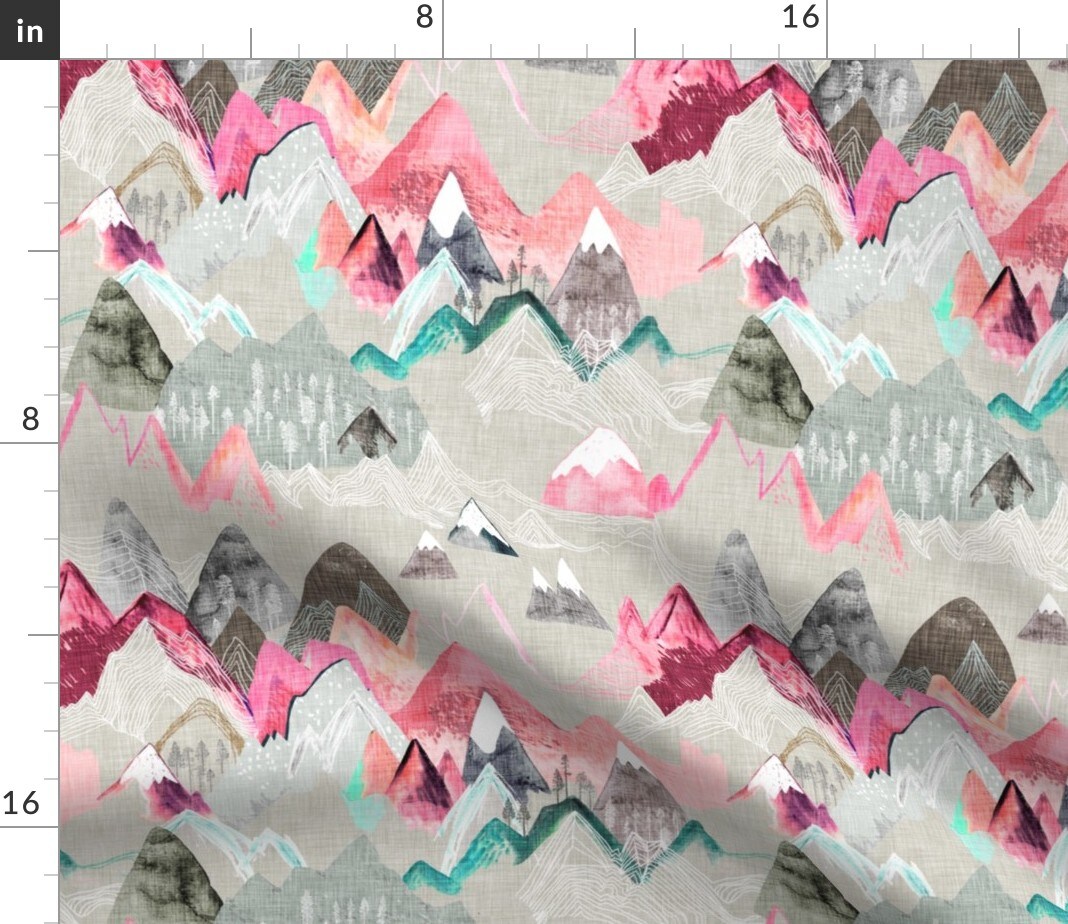 Call Mountains Pink Mountain Girl Nursery Pine Trees Hiking Wilderness Outdoors Rustic Landscape Feminine Boho Custom Printed Fabric by Spoonflower Various Fabrics by the Yard or Fat Quarter